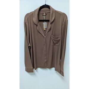 SKIMS Wood Brown Long-Sleeve Knit Lounge Shirt